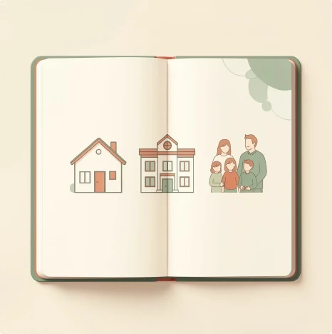 Illustration of an open book showing a house, a daycare and a family